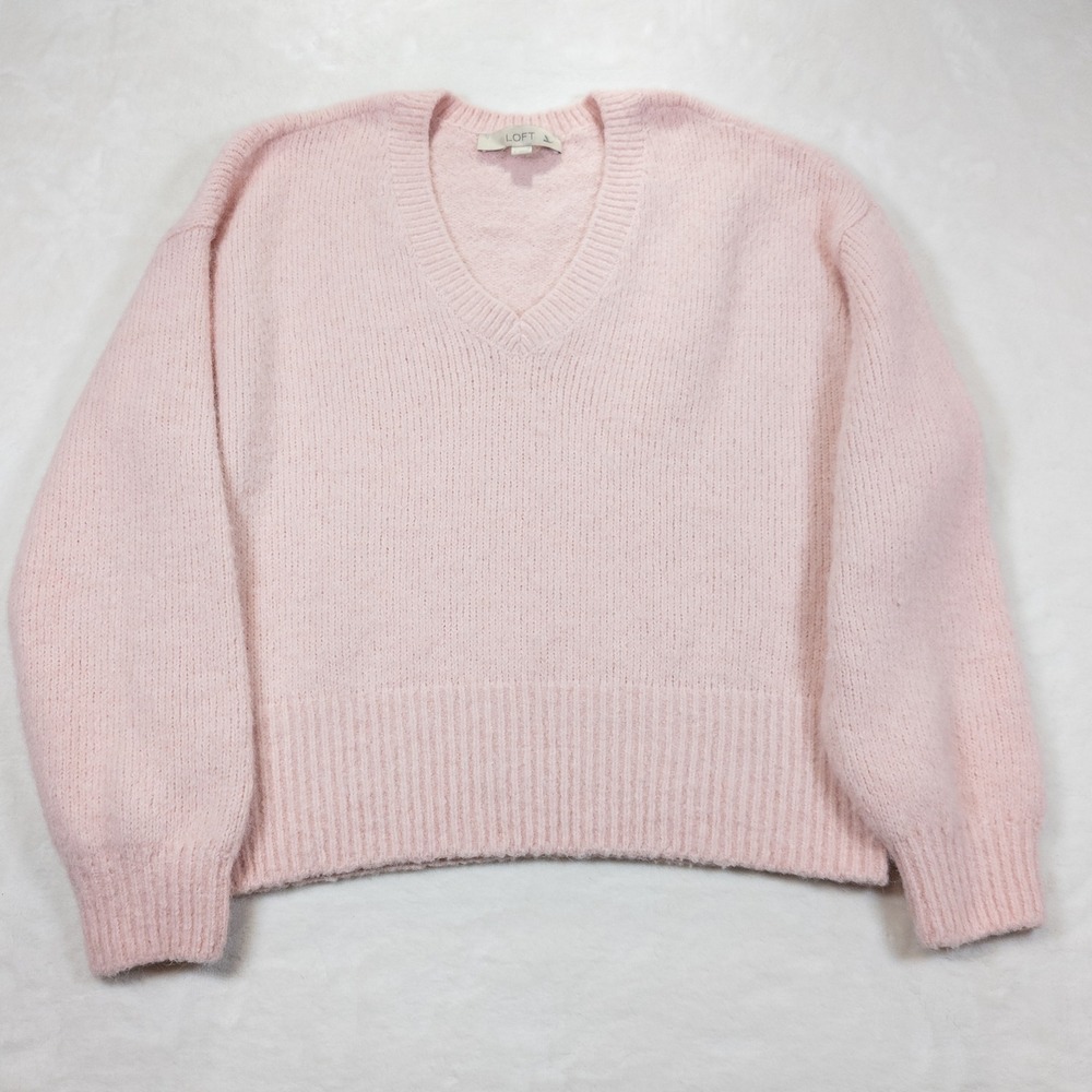 Loft V-Neck Wool Blend Sweater Women S Pink Fuzzy Long Sleeve Pullover Cozy